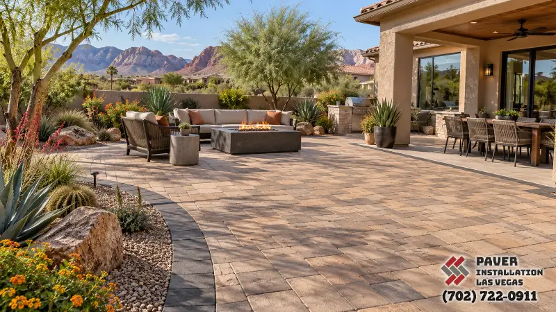 Broad paver terrace with seating and desert planting