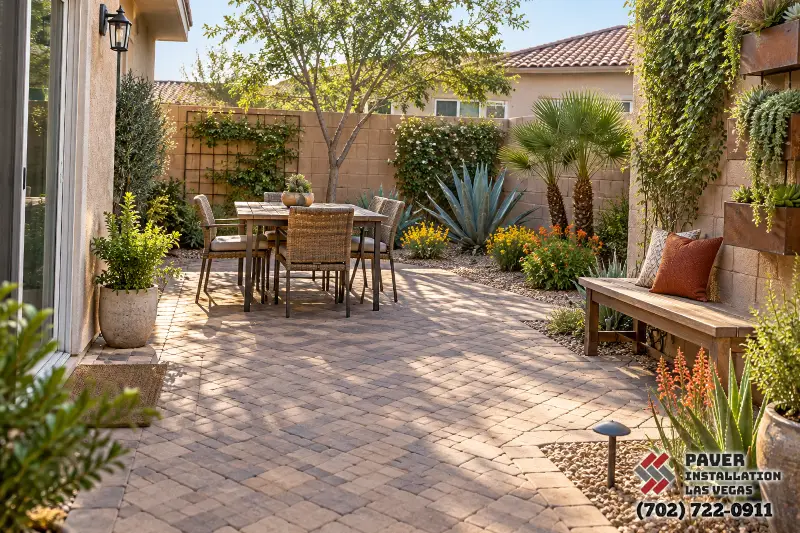 Paver dining patio beside a house