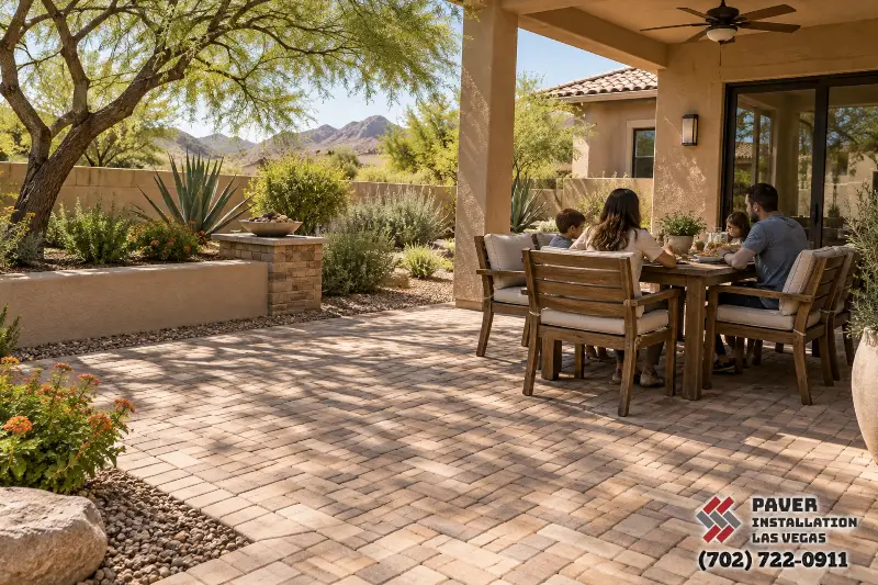 Paver dining area beneath a covered patio