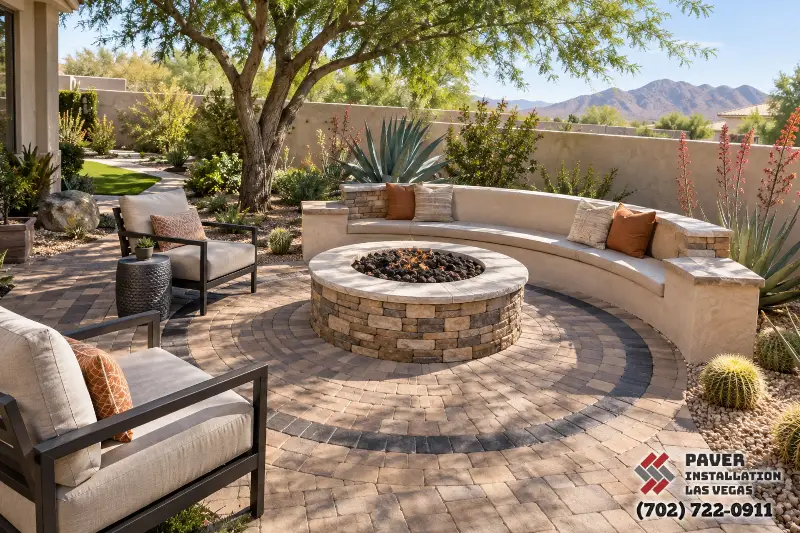 Curved paved seating area around a fire pit