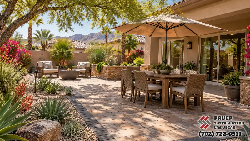 Paver patio connecting a pergola and outdoor kitchen