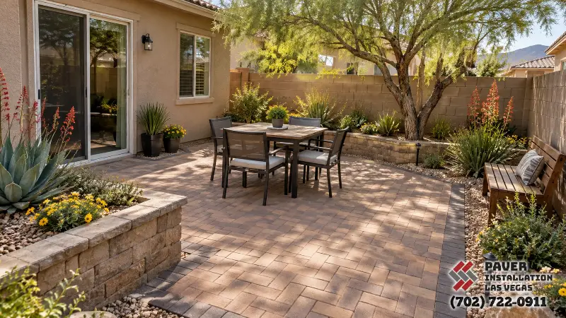Paver dining terrace beside raised planters