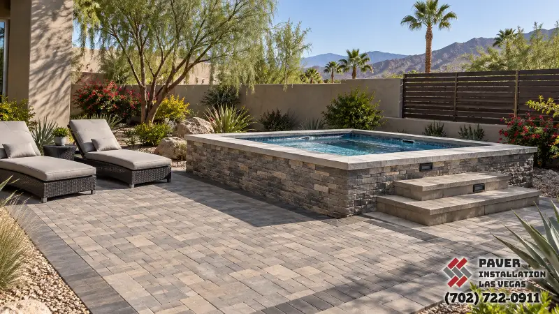 Paver patio beside a raised rectangular spa
