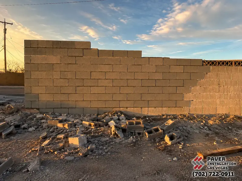 Partially rebuilt concrete block wall with stepped unfinished courses and rubble below