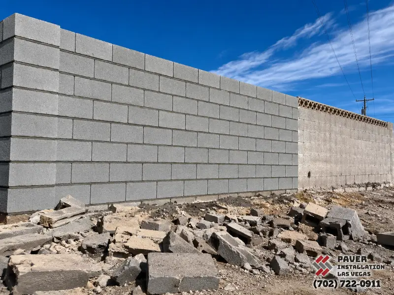 New gray block wall section beside older masonry with demolition rubble in front