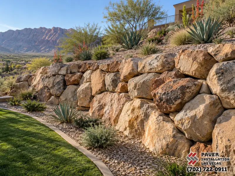 Boulder retaining wall beside a lawn