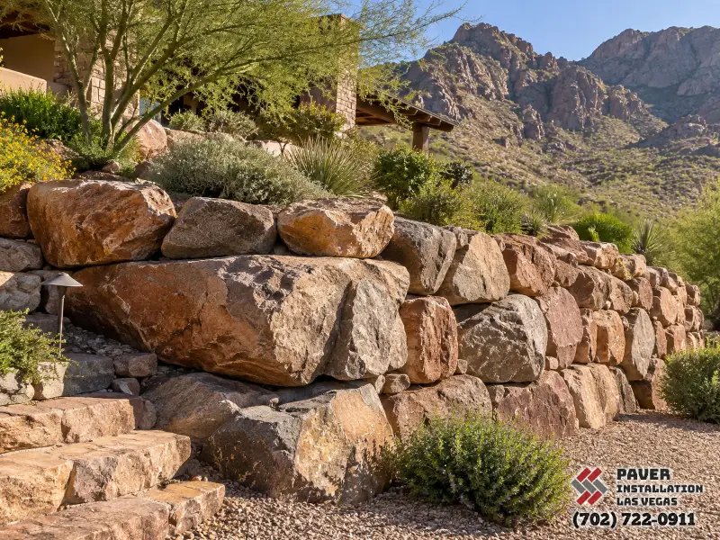 Large stacked boulders beneath a planted slope