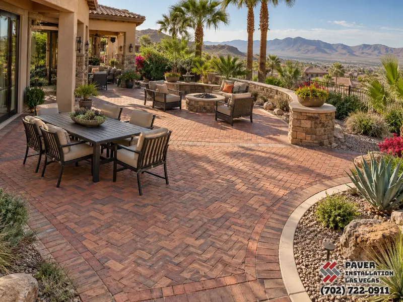 Red brick-format patio with a dining table