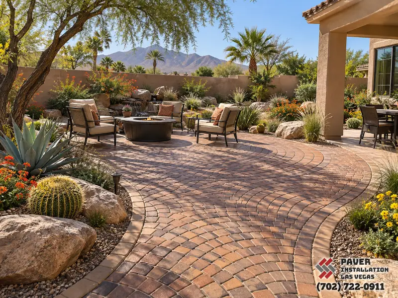 Curving brick-format patio through planted borders