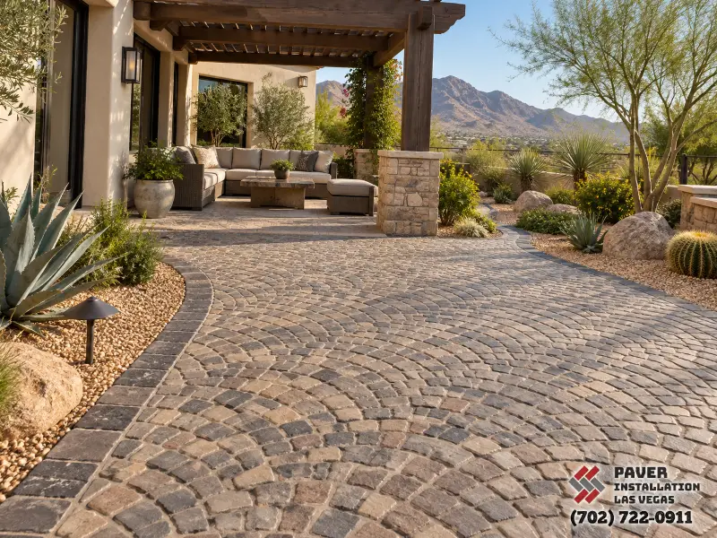 Cobblestone-style paving beneath a covered seating area
