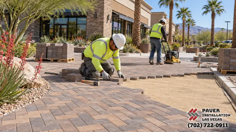 Workers installing pavers outside a commercial building