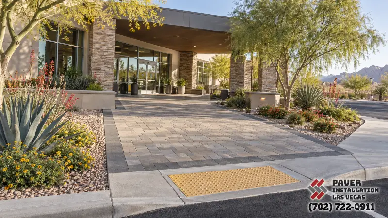 Commercial entrance paving with a yellow tactile strip