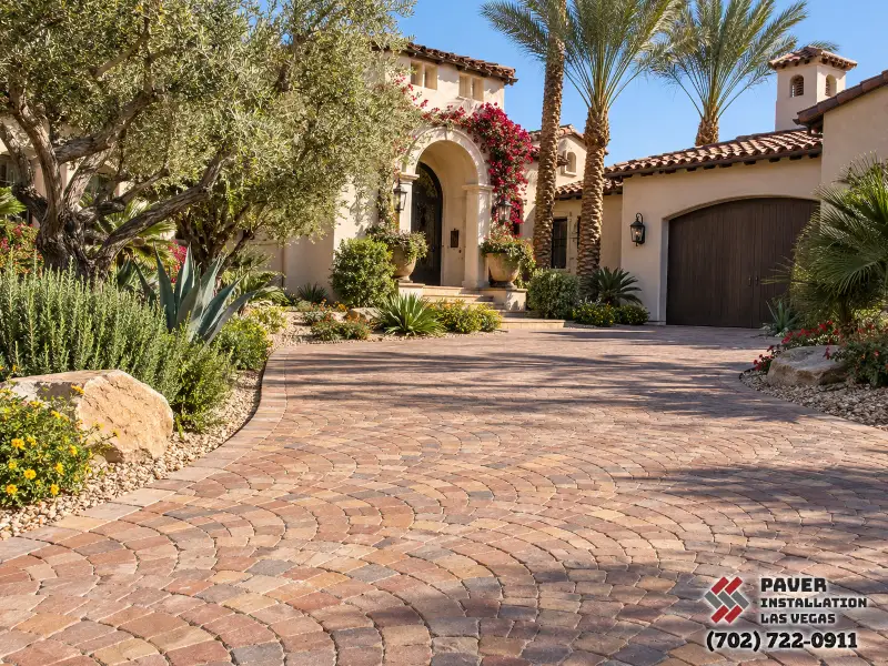 Paver driveway approaching an arched home entrance