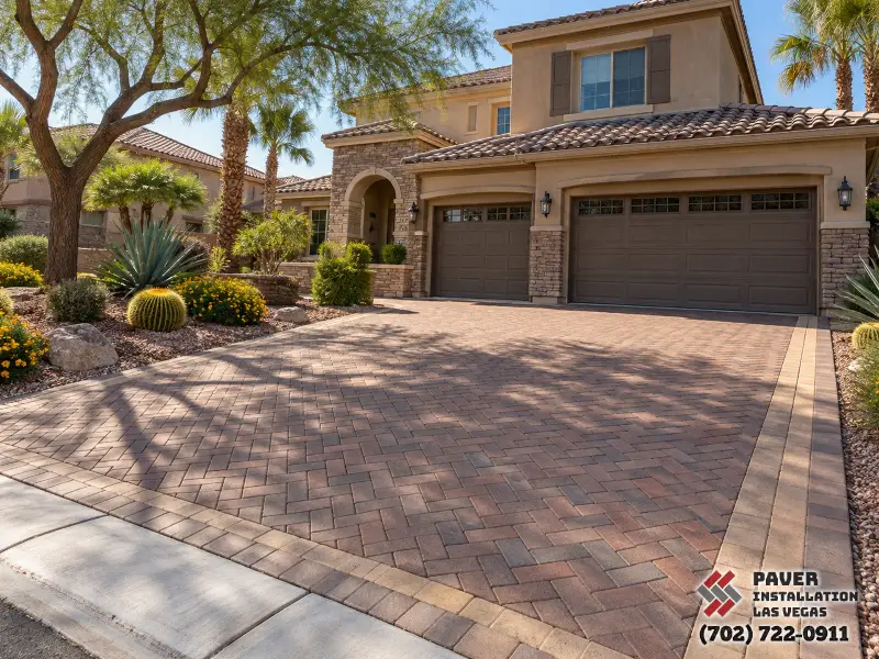 Paver driveway in front of a three-door garage