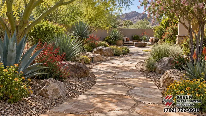 Flagstone garden walkway between planted beds
