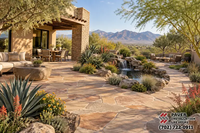 Broad flagstone patio beside a house