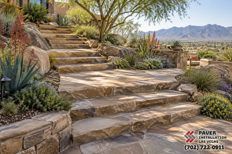 Flagstone steps on a planted garden slope