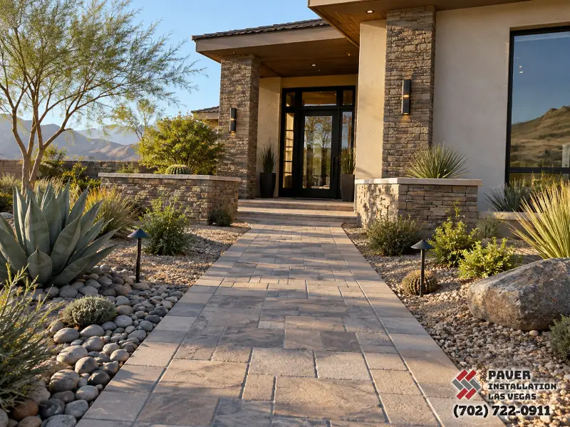 Paver entrance path between rock planting beds