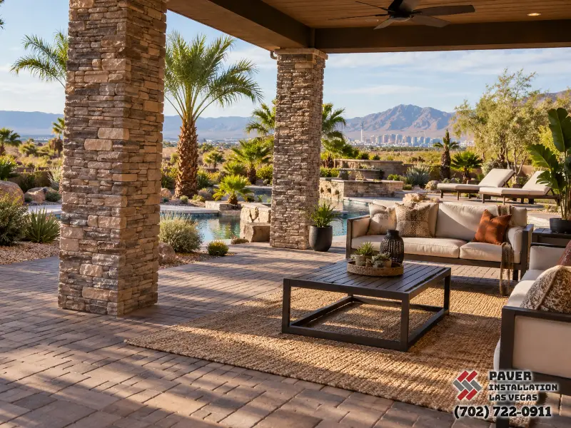 Paved seating terrace with stone-clad columns