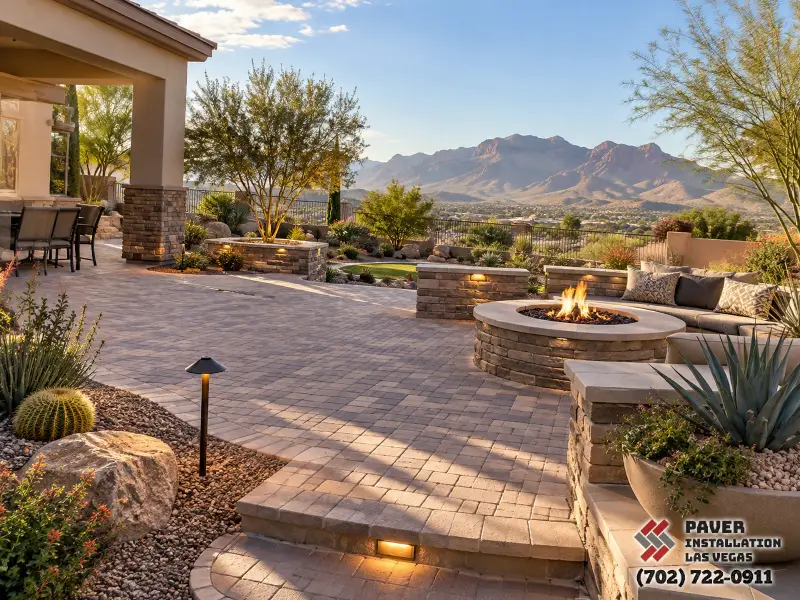 Outdoor seating area with paving and a fire feature