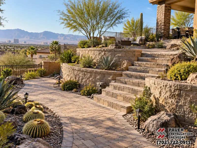 Terraced garden stairs with masonry walls