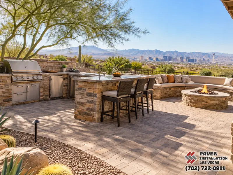 Outdoor kitchen and bar beside a paver patio