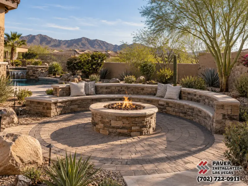 Circular fire-pit patio with built-in seating