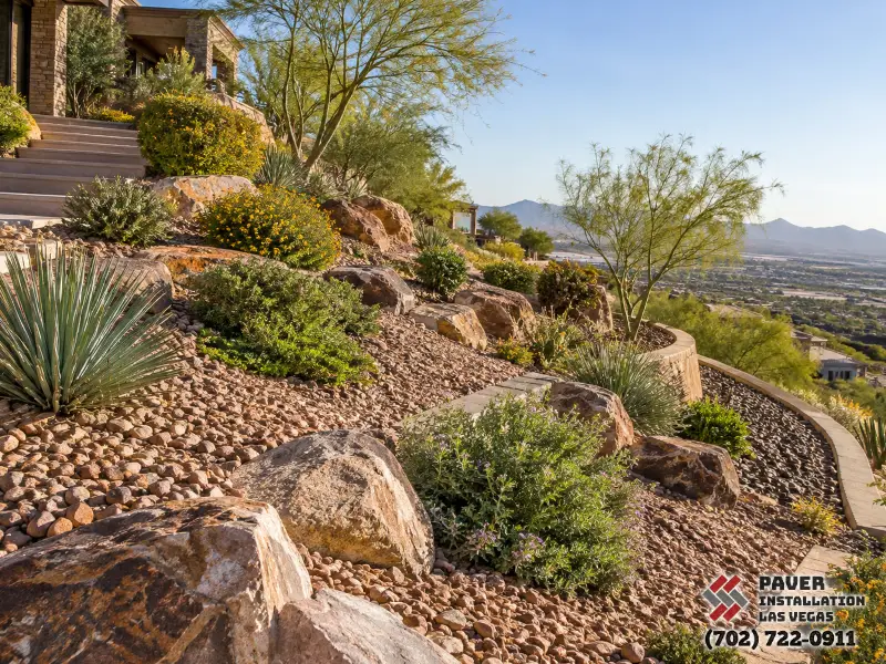 Gravel mulch and boulders on a planted slope