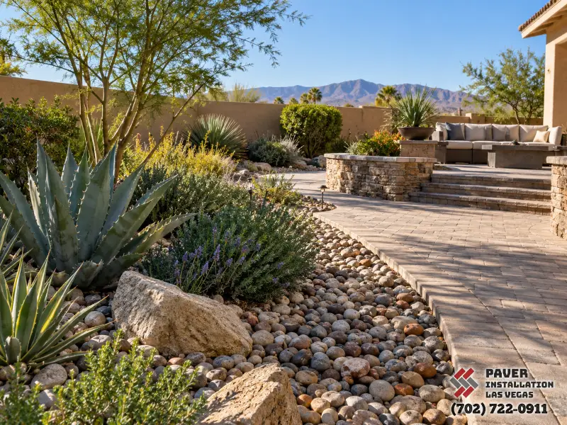 Decorative rock beside a curving paved path