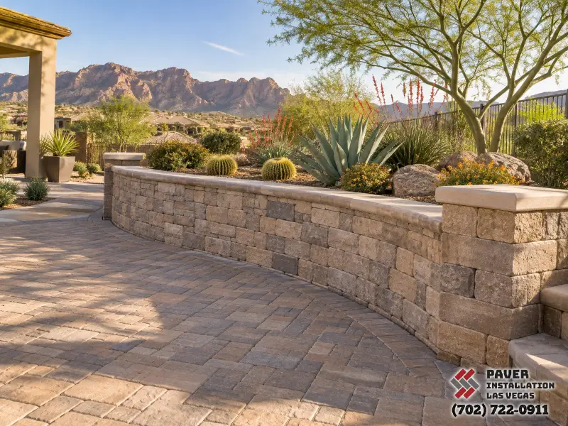 Capped decorative masonry wall beside a patio