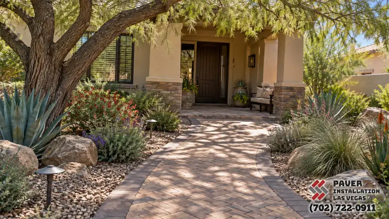 Shaded paver approach to front doors