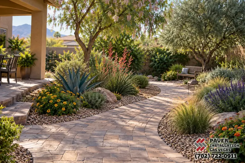 Curved paver path through a planted garden