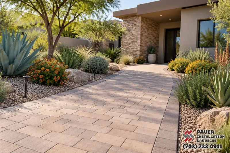 Paver walkway beside a curved planter wall