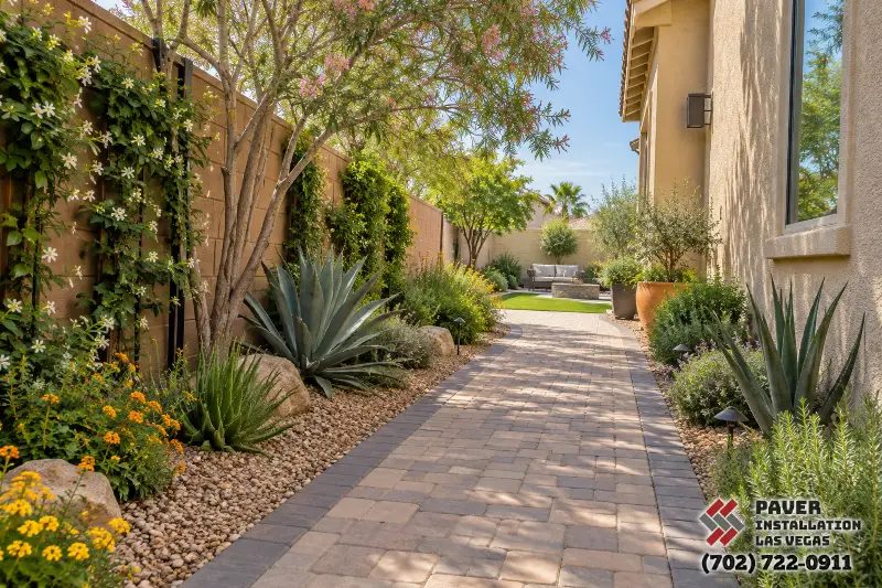 Narrow paver walkway alongside a house