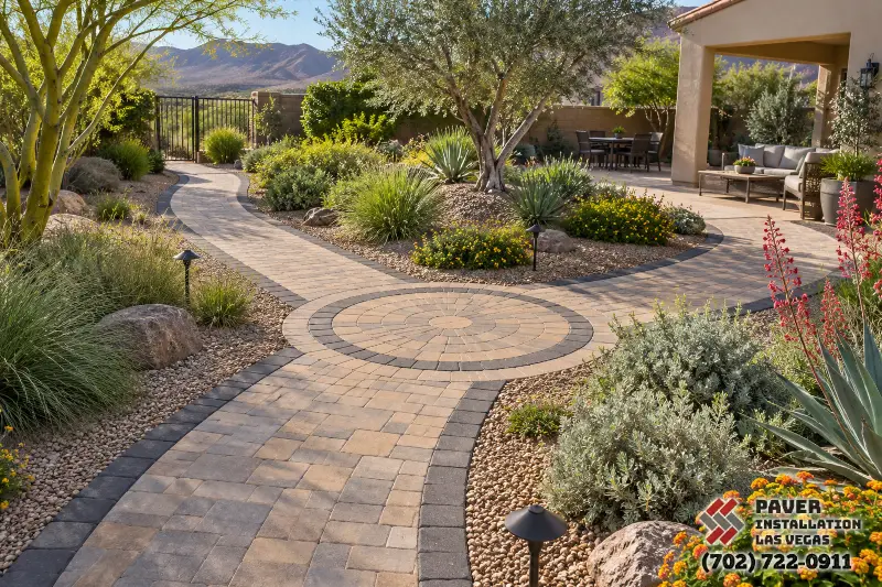 Curving paver path with a circular design feature