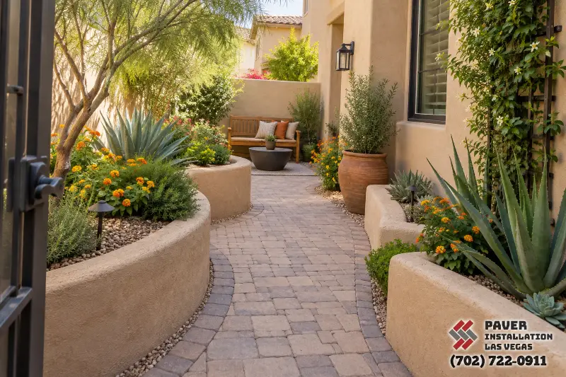 Paver walkway between raised courtyard planters