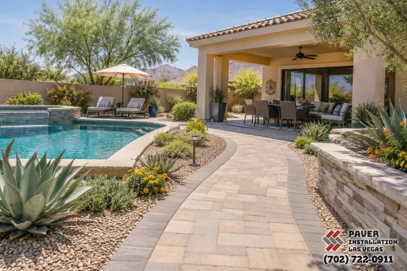 Poolside paver walkway beside a covered patio