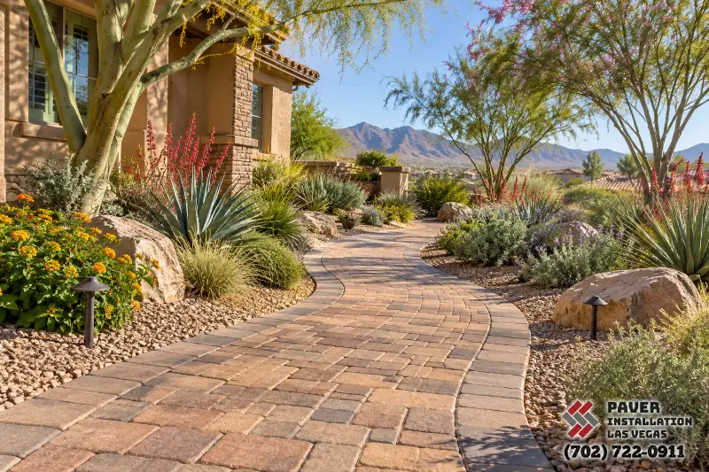 Paver path leading through desert planting