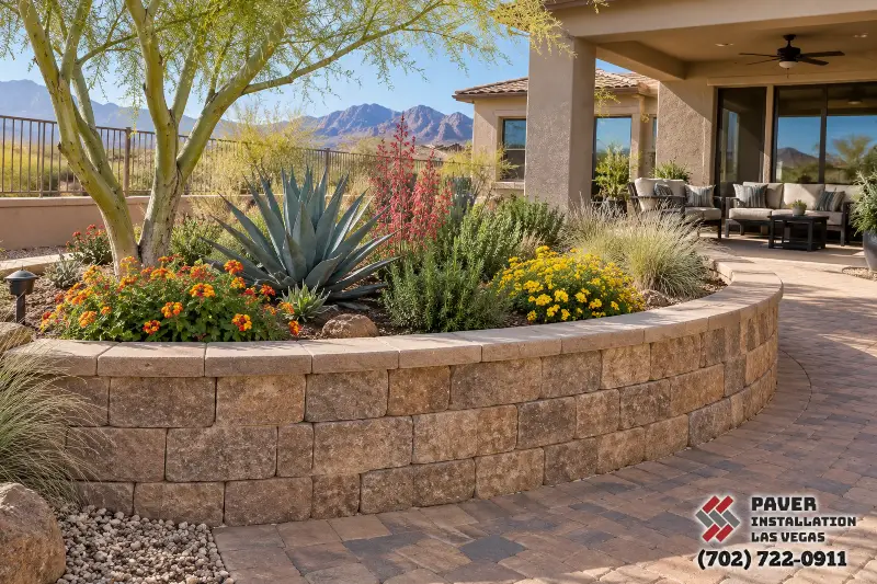 Curved raised planter beside a paver patio