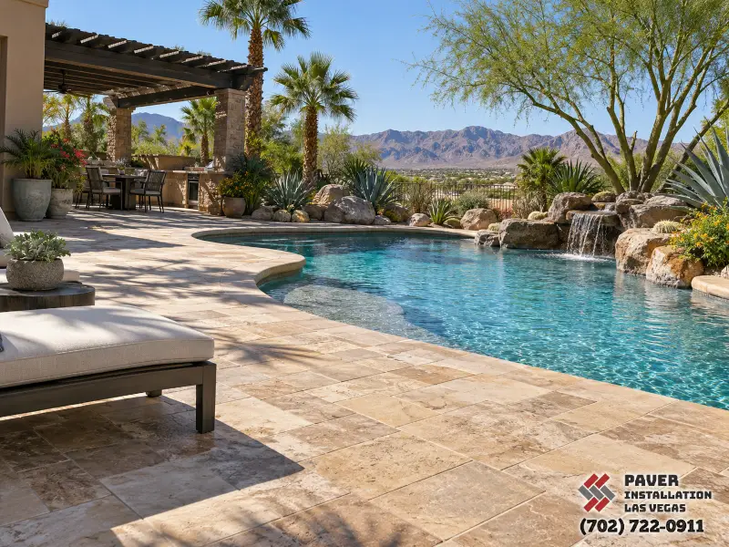 Pale pool-deck pavers beside lounge chairs
