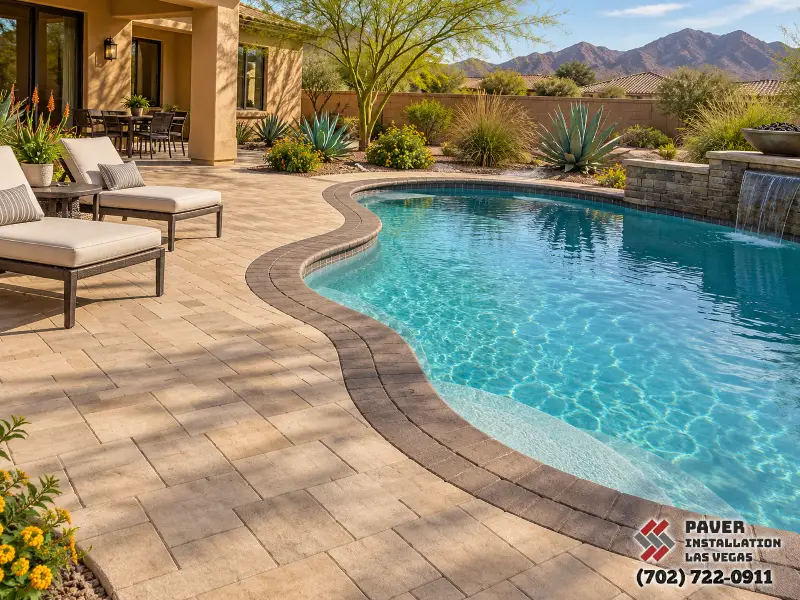 Pavers around a curving swimming pool