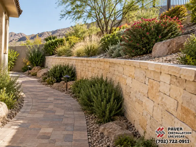 Long retaining wall beneath a planted slope