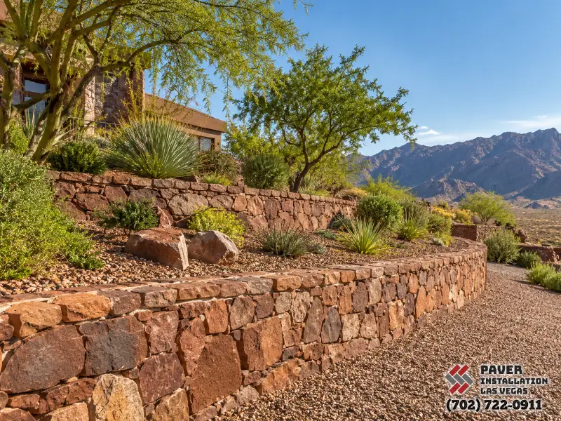 Rust-toned retaining wall beside a garden path