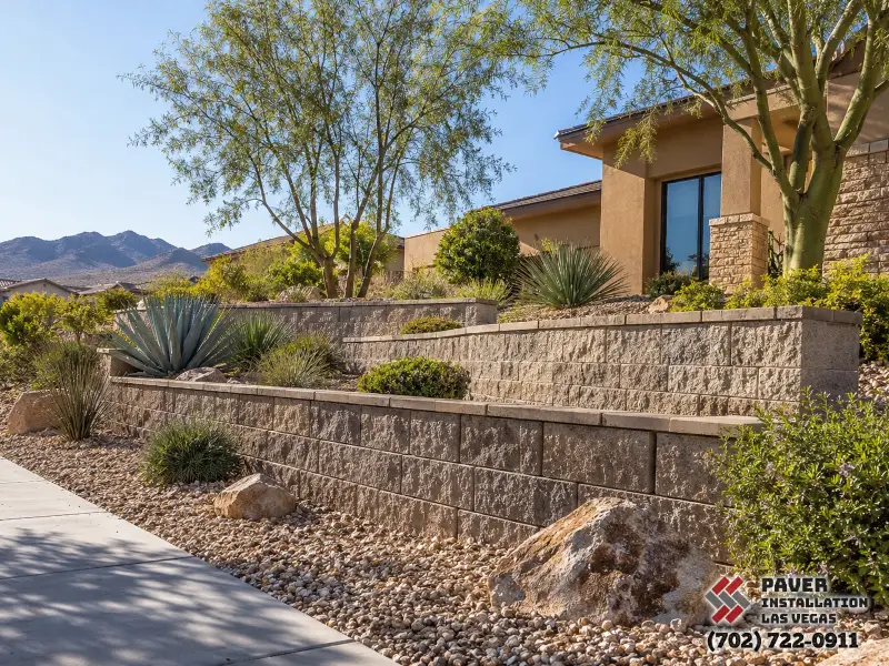 Terraced retaining walls enclosing raised planting
