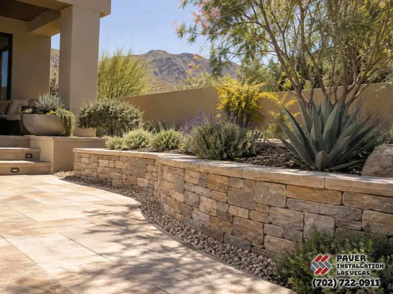 Low retaining wall beside a paved terrace