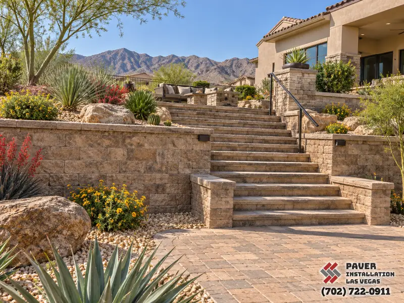 Paver Steps Design and Installation in Las Vegas, NV: Garden steps between terraced retaining walls
