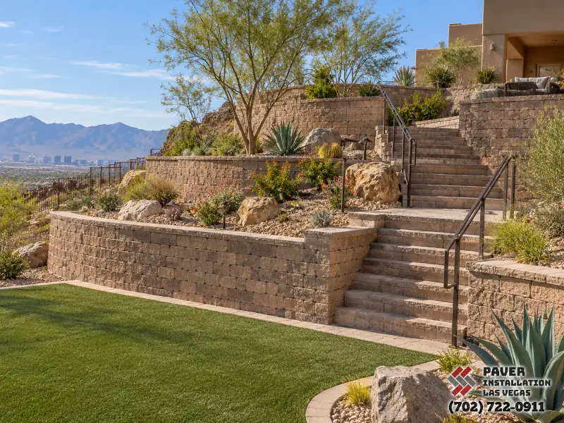 Retaining walls and steps above a lawn