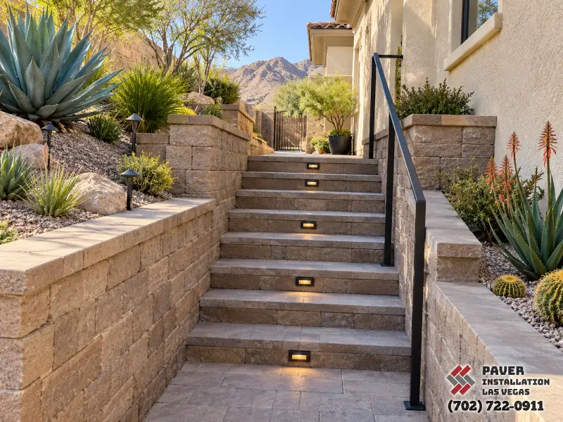Narrow outdoor stairs with wall-mounted lights