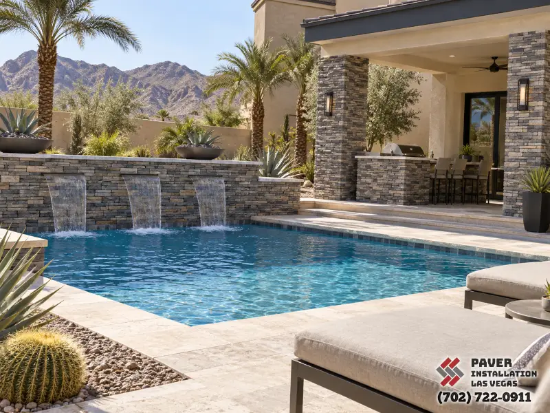 Stone-faced feature wall behind a swimming pool