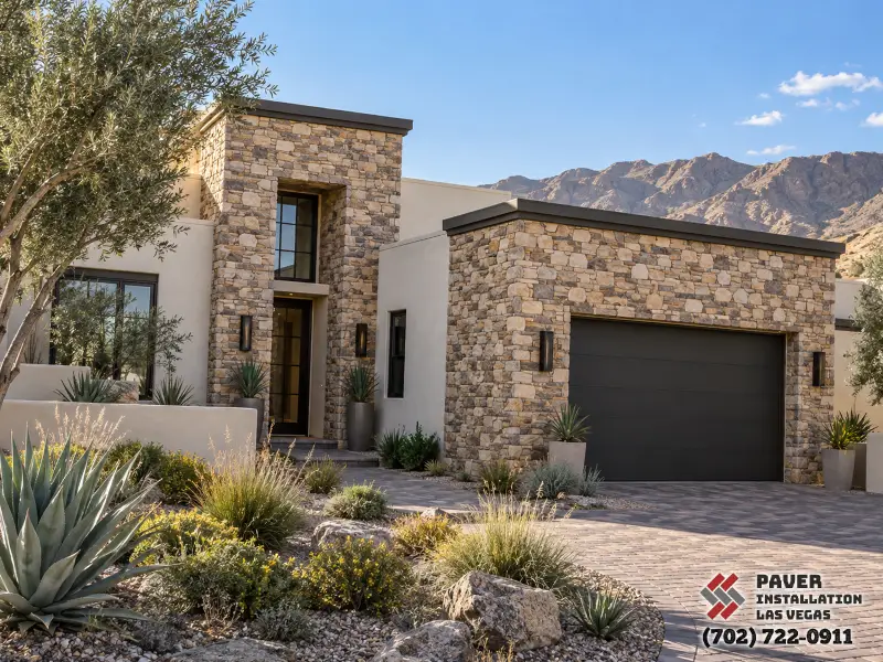 Stone-clad home facade and garage surround